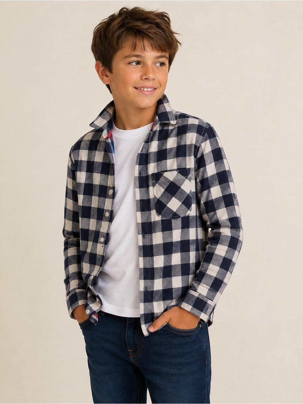 Johnnie B Kids Navy Plaid Flannel Shacket Size 11-12Y